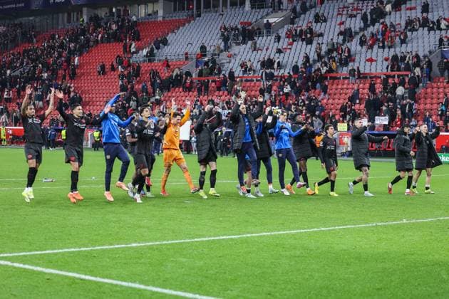 Fußball Champions League Play-off Rückspiel Bayer 04 Leverkusen - Olympiakos Piräus am 24.02.2026 in der BayArena in Leverkusen Leverkusen feiert den Einzug ins Achtelfinale