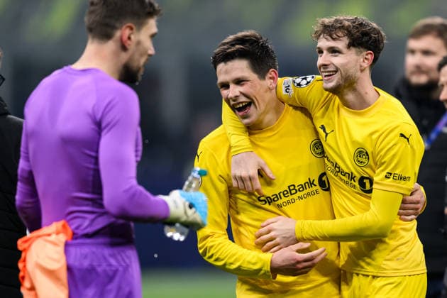 260224 Sondre Brunstad Fet and Hakon Evjen of Bodo Glimt celebrate after the UEFA Champions League football match between Inter and Bodo Glimt on February 24, 2026 in Milan. Photo: Marius Simensen BILDBYRAN COP 238 MM0057 bbeng football fotball fotboll soccer uefa champions league mesterligaen bodo glimt inter fc internazionale milano jubel Copyright: MARIUSxSIMENSEN BB260224BB577