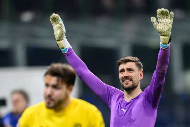 260224 Goalkeeper Nikita Haikin of Bodo Glimt celebrates after the UEFA Champions League football match between Inter and Bodo Glimt on February 24, 2026 in Milan. Photo: Marius Simensen BILDBYRAN COP 238 MM0057 bbeng football fotball fotboll soccer uefa champions league mesterligaen bodo glimt inter fc internazionale milano jubel Copyright: MARIUSxSIMENSEN BB260224BB578