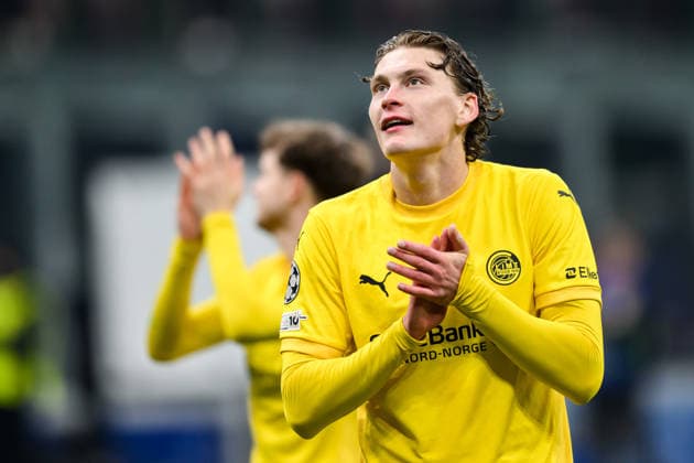 260224 Isak Dybvik Määttä of Bodo Glimt celebrates after the UEFA Champions League football match between Inter and Bodo Glimt on February 24, 2026 in Milan. Photo: Marius Simensen BILDBYRAN COP 238 MM0057 bbeng football fotball fotboll soccer uefa champions league mesterligaen bodo glimt inter fc internazionale milano Copyright: MARIUSxSIMENSEN BB260224BB585