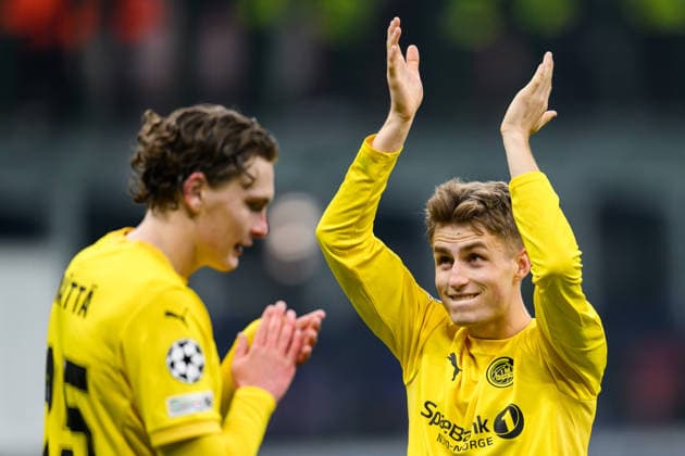 260224 Fredrik Sjovold of Bodo Glimt celebrates after the UEFA Champions League football match between Inter and Bodo Glimt on February 24, 2026 in Milan. Photo: Marius Simensen BILDBYRAN COP 238 MM0057 bbeng football fotball fotboll soccer uefa champions league mesterligaen bodo glimt inter fc internazionale milano jubel Copyright: MARIUSxSIMENSEN BB260224BB586