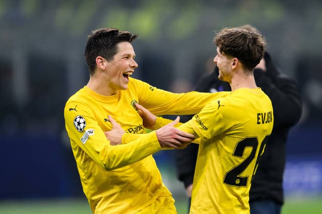 260224 Sondre Brunstad Fet and Hakon Evjen of Bodo Glimt celebrate after the UEFA Champions League football match between Inter and Bodo Glimt on February 24, 2026 in Milan. Photo: Marius Simensen BILDBYRAN COP 238 MM0057 bbeng football fotball fotboll soccer uefa champions league mesterligaen bodo glimt inter fc internazionale milano jubel Copyright: MARIUSxSIMENSEN BB260224BB602