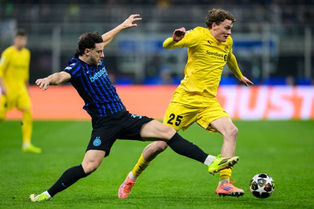 260224 Isak Dybvik Määttä of Bodo Glimt during the UEFA Champions League football match between Inter and Bodo Glimt on February 24, 2026 in Milan. Photo: Marius Simensen BILDBYRAN COP 238 MM0057 bbeng football fotball fotboll soccer uefa champions league mesterligaen bodo glimt inter fc internazionale milano Copyright: MARIUSxSIMENSEN BB260224BB612
