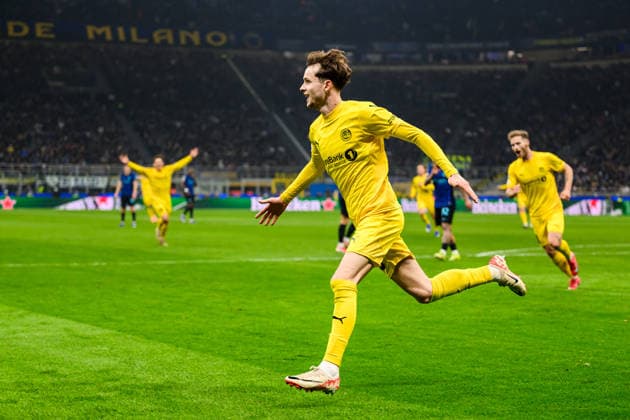 260224 Hakon Evjen of Bodo Glimt celebrates after 0-2 during the UEFA Champions League football match between Inter and Bodo Glimt on February 24, 2026 in Milan. Photo: Marius Simensen BILDBYRAN COP 238 MM0057 bbeng football fotball fotboll soccer uefa champions league mesterligaen bodo glimt inter fc internazionale milano jubel Copyright: MARIUSxSIMENSEN BB260224BB613