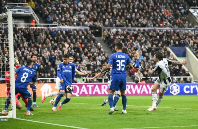 Sandro Tonali of Newcastle United scores their first goal Newcastle United v Qarabag, UEFA Champions League, Knockout Round Play-Offs, Second Leg, Football, St James Park, Newcastle, UK - 24 Feb 2026Newcastle St James Park Azerbaijan EDITORIAL USE ONLY No use with unauthorised audio, video, data, fixture lists, club league logos or live services. Online in-match use limited to 120 images, no video emulation. No use in betting, games or single club league player publications. Copyright: xRichardxLee Shutterstockx 16693044ca