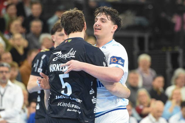 Handball I Herren I Saison 2025-2026 I EHF European League I Hauptrunde I 2. Spieltag I SG Flensburg-Handewitt - Montpellier HB I 24.02.2026 von links Niclas Kirkelökke (5, SG Flensburg-Handewitt), Arthur Lenne (19, Montpellier HB) Copyright: xLobeca JanxKirschnerx