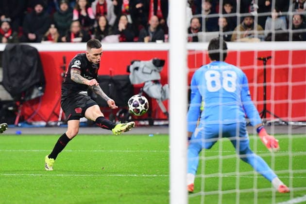 Bayer 04 Leverkusen v Olympiacos - UEFA Champions League LEVERKUSEN, GERMANY - FEBRUARY 24: Alex Grimaldo of Bayer 04 Leverkusen in action during the UEFA Champions League play-off match between Bayer 04 Leverkusen and Olympiacos at BayArena in Leverkusen, Germany, on February 24, 2026. Hesham Elsherif Anadolu Leverkusen Germany. Editorial use only. Please get in touch for any other usage.  Copyright: x2026xAnadoluxHeshamxElsherifx