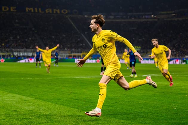 260224 Hakon Evjen of Bodo Glimt celebrates after 0-2 during the UEFA Champions League football match between Inter and Bodo Glimt on February 24, 2026 in Milan. Photo: Marius Simensen BILDBYRAN COP 238 MM0057 bbeng football fotball fotboll soccer uefa champions league mesterligaen bodo glimt inter fc internazionale milano jubel Copyright: MARIUSxSIMENSEN BB260224BB615