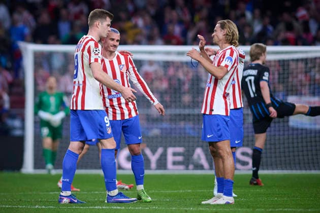ATLETICO DE MADRID v CLUB BRUGGE KV. CHAMPIONS LEAGUE 2025 2026. ROUND KO PLAY-OFFS 2ND LEG MATCH. Atletico de Madrid s Alexander Sorloth, Antoine Griezmann and Marcos Llorente celebrate the victory in Champions League 2025 2026, KO play-offs 2nd leg match. February 24 ,2026. (ALTERPHOTOS Jorge Ropero) MadridSpain  Copyright: xJorgexRoperox