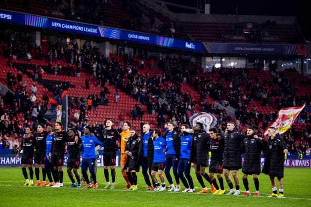 LEVERKUSEN, GERMANY - FEBRUARY 24: The players of Bayer 04 Leverkusen celebrate qualification for the round of 16 after the UEFA Champions League 2025 26 League Knockout Play-off Second Leg match between Bayer 04 Leverkusen and Olympiacos FC at BayArena on February 24, 2026 in Leverkusen, Germany. (Photo by Rene Nijhuis) SPO  Copyright: xRenexNijhuis