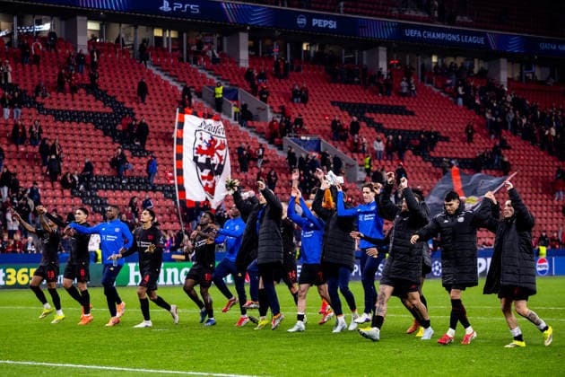 LEVERKUSEN, GERMANY - FEBRUARY 24: The players of Bayer 04 Leverkusen celebrate qualification for the round of 16 after the UEFA Champions League 2025 26 League Knockout Play-off Second Leg match between Bayer 04 Leverkusen and Olympiacos FC at BayArena on February 24, 2026 in Leverkusen, Germany. (Photo by Rene Nijhuis) SPO  Copyright: xRenexNijhuis