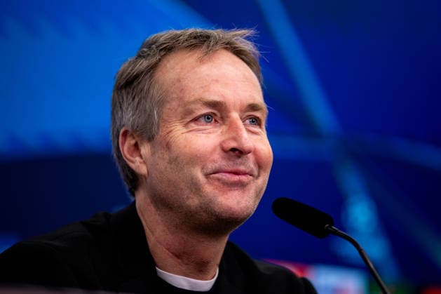 LEVERKUSEN, GERMANY - FEBRUARY 24: Bayer 04 Leverkusen head coach Kasper Hjulmand attends a press conference, PK, Pressekonferenz after the UEFA Champions League 2025 26 League Knockout Play-off Second Leg match between Bayer 04 Leverkusen and Olympiacos FC at BayArena on February 24, 2026 in Leverkusen, Germany. (Photo by Rene Nijhuis) SPO  Copyright: xRenexNijhuis