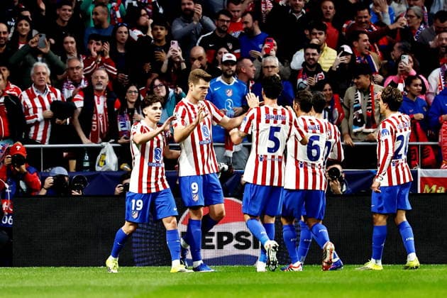 Alexander Sorloth (Atletico), FEBRUARY 24, 2026 - Football Soccer : Sorloth celebrate with team players after his goal during UEFA Champions League KO play-offs 2nd leg match between Club Atletico de Madrid - Club Brugge KV at the Estadio Metropolitano in Madrid, Spain. Noxthirdxpartyxsales  aflo_321164500