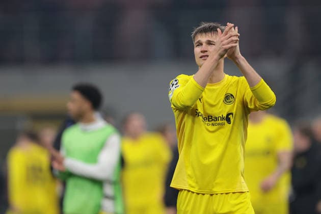 Milan, Italy, 24th February 2026. Odin Bjortuft of FK Bodo Glimt applauds the fans following the final whistle of the Internazionale vs FK Bodo Glimt UEFA Champions League Play Off 2nd Leg match at Giuseppe Meazza, Milan. Picture credit should read: Jonathan Moscrop Sportimage EDITORIAL USE ONLY. No use with unauthorised audio, video, data, fixture lists, club league logos or live services. Online in-match use limited to 120 images, no video emulation. No use in betting, games or single club league player publications. SPI_027_INTER_BODOGLIMT_UCL_ SPI-4550-0027