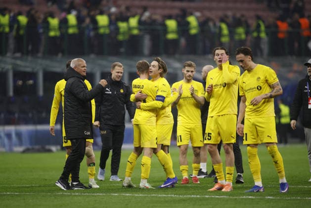 CALCIO - UEFA Champions League - Inter - FC Internazionale vs FK Bodo Glimt FK Bodo Glimt players celebrating during the Uefa Champions League, second leg play-off, season 2025-2026, football match between, FC Internazionale Milano v Fotballklubben Bodo Glimt on 24 February 2026 at â?? Giuseppe Meazza Stadium, San Siro, Milan, Italy Photo Nderim Kaceli Milan Italy  Copyright: xIPAxSport ABACAx