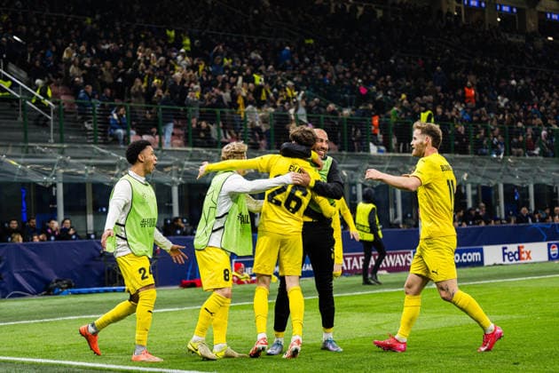 260224 Hakon Evjen of Bodo Glimt celebrates after scoring the 0-2 goal during the UEFA Champions League football match between Inter and Bodo Glimt on February 24, 2026 in Milan. Photo: Marius Simensen BILDBYRAN COP 238 MM0057 bbeng bodo glimt fc internazionale milano football fotball fotboll inter jubel mesterligaen soccer uefa champions league Copyright: MARIUSxSIMENSEN BB260224BB660