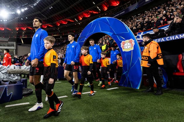 UEFA Champions League: Bayer 04 Leverkusen - Olympiacos FC; 24.02.2026 Jarell Quansah (Bayer 04 Leverkusen, 4), Ibrahim Maza (Bayer 04 Leverkusen, 30), Patrik Schick (Bayer 04 Leverkusen, 14) UEFA Champions League: Bayer 04 Leverkusen - Olympiacos FC; BayArena, Leverkusen; 24.02.2026 Copyright: xBEAUTIFULxSPORTS Buriakovx