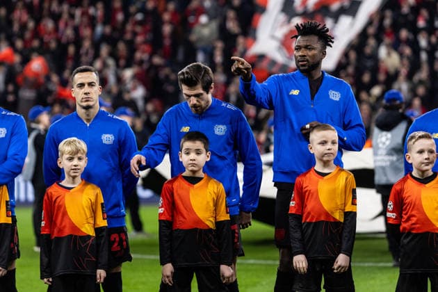 UEFA Champions League: Bayer 04 Leverkusen - Olympiacos FC; 24.02.2026 Edmond Tapsoba (Bayer 04 Leverkusen, 12)Jonas Hofmann (Bayer 04 Leverkusen, 7), Lucas Vazquez (Bayer 04 Leverkusen, 21) UEFA Champions League: Bayer 04 Leverkusen - Olympiacos FC; BayArena, Leverkusen; 24.02.2026 Copyright: xBEAUTIFULxSPORTS Buriakovx