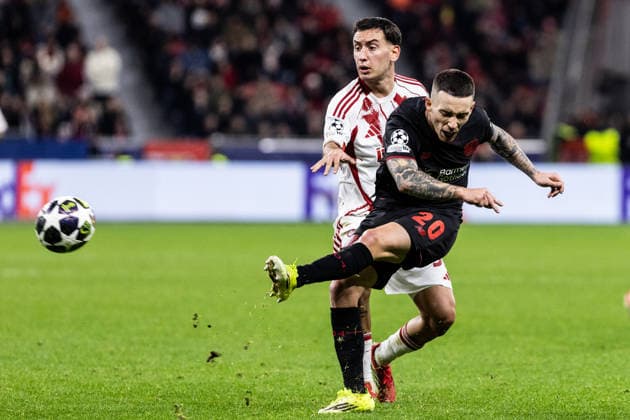 UEFA Champions League: Bayer 04 Leverkusen - Olympiacos FC; 24.02.2026 Alejandro Grimaldo (Bayer 04 Leverkusen, 20) UEFA Champions League: Bayer 04 Leverkusen - Olympiacos FC; BayArena, Leverkusen; 24.02.2026 Copyright: xBEAUTIFULxSPORTS Buriakovx