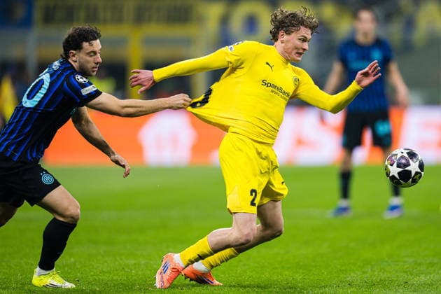 260224 Isak Dybvik Määttä of Bodo Glimt during the UEFA Champions League football match between Inter and Bodo Glimt on February 24, 2026 in Milan. Photo: Marius Simensen BILDBYRAN COP 238 MM0057 bbeng bodo glimt fc internazionale milano football fotball fotboll inter mesterligaen soccer uefa champions league Copyright: MARIUSxSIMENSEN BB260224BB676
