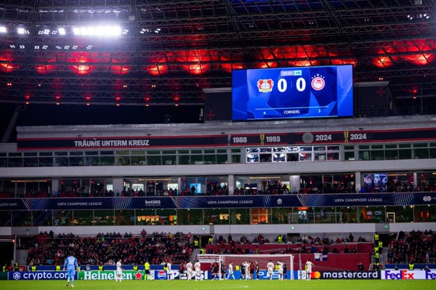 LEVERKUSEN, GERMANY - FEBRUARY 24: The scoreboard shows the final score of 0-0 during the UEFA Champions League 2025 26 League Knockout Play-off Second Leg match between Bayer 04 Leverkusen and Olympiacos FC at BayArena on February 24, 2026 in Leverkusen, Germany. (Photo by Rene Nijhuis) SPO  Copyright: xRenexNijhuis