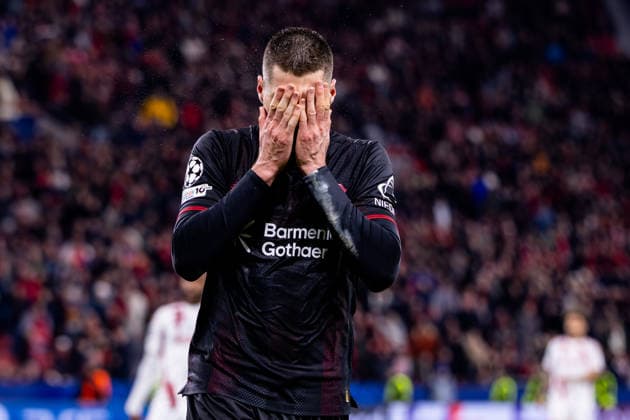 LEVERKUSEN, GERMANY - FEBRUARY 24: Patrik Schick of Bayer 04 Leverkusen rues a missed chance during the UEFA Champions League 2025 26 League Knockout Play-off Second Leg match between Bayer 04 Leverkusen and Olympiacos FC at BayArena on February 24, 2026 in Leverkusen, Germany. (Photo by Rene Nijhuis) SPO  Copyright: xRenexNijhuis