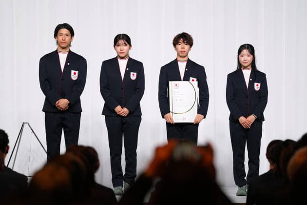(L-R) Ikuma Horishima, Hana Noake, Shun Sato, Ami Nakai (JPN), FEBRUARY 25, 2026 : Milano Cortina 2026 Olympic Winter games, Winterspiele,Spiele, Summer games Japan Delegation disbandment ceremony in Tokyo, Japan. Noxthirdxpartyxsales  aflo_321190505