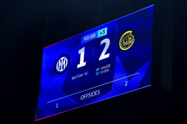 FC Inter vs Bodo Glimt, UEFA Champions League 2025 2026 at San Siro Stadium Italy, Milan, 2026 02 24: final result at the digital score board (Bodo Glimt wins 2-1) at the end of soccer game FC Inter vs Bodo-Glimt, UCL 2025-2026, PlayOff 2nd Leg at San Siro Stadium Italy, Milan, 2026 02 24: FC Inter vs Bodo Glimt, Uefa Champions League 2025 2026, PlayOffs 2nd Leg at San Siro Stadium. Milan Italy San Siro Stadium Copyright: FabrizioxAndreaxBertani
