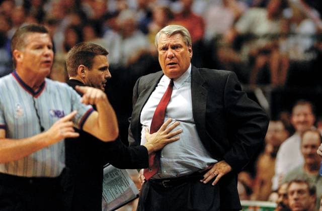 Mavericks coach Don Nelson, who is being restrained by his son Donnie, can t beleive the refs technical foul on him in the first quarter Thursday night, May 9, 2002, in game three of the Western Conference Semifinals at the American Airlines Center in Dallas, Texas. Sacramento Bee photograph by Jose Luis Villegas ZUMA Press Sacramento California U.S. Copyright: xJosexLuisxVillegasx