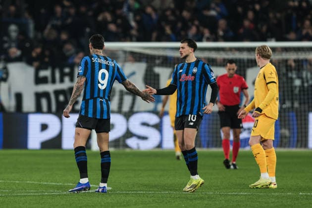 Atalanta BC v Borussia Dortmund - UEFA Champions League 2025 26 League Knockout Play-off Second Leg Gianluca Scamacca of Atalanta BC celebrates after scoring a goal during the UEFA Champions League 2025 26 League Knockout Play-off Second Leg match between Atalanta BC and Borussia Dortmund in Bergamo, Italy, on February 25, 2026, at New Balance Arena. Bergamo Italy  Copyright: xEmanuelexComincinix originalFilename:comincini-atalanta260225_npToV.jpg