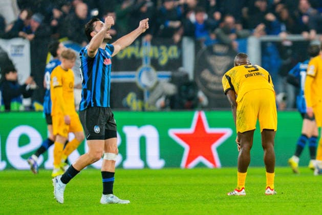 25.02.2026, Atalanta Bergamo vs. Borussia Dortmund, UEFA Champions League, Playoffs-Rückspiel Tor zum 2:0 durch Davide Zappacosta (Atalanta Bergamo) Sead Kolasinac (Atalanta Bergamo) Serhou Guirassy (Borussia Dortmund, 9) Regulations prohibit any use of photographs as image sequences and or quasi video Copyright: xBahhoxKarax
