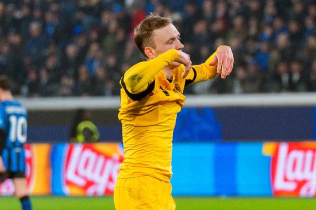 25.02.2026, Atalanta Bergamo vs. Borussia Dortmund, UEFA Champions League, Playoffs-Rückspiel Maximilian Beier (Borussia Dortmund, 14) Regulations prohibit any use of photographs as image sequences and or quasi video Copyright: xBahhoxKarax