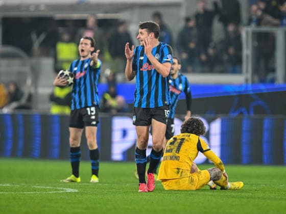 Marten de Roon (Atalanta BC) and Berat Djimsiti (Atalanta BC) gestures look dejected during the UEFA Champions League 2025 26 League Knockout Play-off Second Leg match between Atalanta BC and Borussia Dortmund at Stadio di Bergamo on February 25, 2026 in Bergamo, Italy. (Photo by Harry Langer DeFodi Images) -