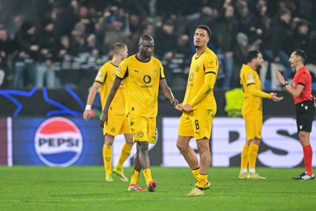 Serhou Guirassy (Borussia Dortmund) and Felix Nmecha (Borussia Dortmund) look dejected during the UEFA Champions League 2025 26 League Knockout Play-off Second Leg match between Atalanta BC and Borussia Dortmund at Stadio di Bergamo on February 25, 2026 in Bergamo, Italy. (Photo by Harry Langer DeFodi Images) -