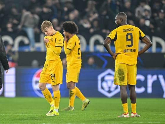 Daniel Svensson (Borussia Dortmund), Karim Adeyemi (Borussia Dortmund) and Serhou Guirassy (Borussia Dortmund) look dejected during the UEFA Champions League 2025 26 League Knockout Play-off Second Leg match between Atalanta BC and Borussia Dortmund at Stadio di Bergamo on February 25, 2026 in Bergamo, Italy. (Photo by Harry Langer DeFodi Images) -