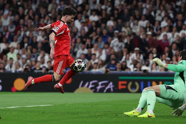 Madrid, Spain February 25, 2026: FBL-UEFA Champions League 2025-26 Real Madrid - SL Benfica Rafa (S.L.Benfica) scores the goal to 0:1, Thibaut Courtois (Real Madrid) during the UEFA Champions League 2025-26 knockout play-offs match between Real Madrid and SL Benfica at the Santiago BernabÃ u Stadium on February 25, 2026 in Madrid, Spain Copyright: JoaquimxFerreira
