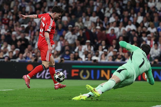 Madrid, Spain February 25, 2026: FBL-UEFA Champions League 2025-26 Real Madrid - SL Benfica Rafa (S.L.Benfica) scores the goal to 0:1, Thibaut Courtois (Real Madrid) during the UEFA Champions League 2025-26 knockout play-offs match between Real Madrid and SL Benfica at the Santiago BernabÃ u Stadium on February 25, 2026 in Madrid, Spain Copyright: JoaquimxFerreira