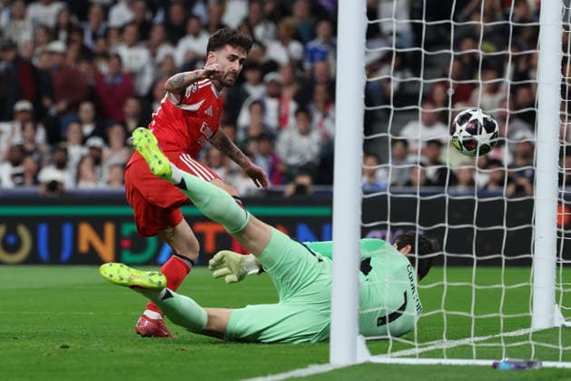 Madrid, Spain February 25, 2026: FBL-UEFA Champions League 2025-26 Real Madrid - SL Benfica Rafa (S.L.Benfica) scores the goal to 0:1, Thibaut Courtois (Real Madrid) during the UEFA Champions League 2025-26 knockout play-offs match between Real Madrid and SL Benfica at the Santiago BernabÃ u Stadium on February 25, 2026 in Madrid, Spain Copyright: JoaquimxFerreira