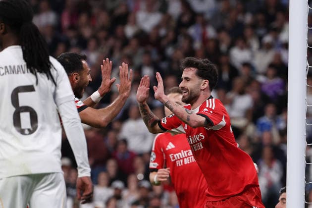Madrid, Spain February 25, 2026: FBL-UEFA Champions League 2025-26 Real Madrid - SL Benfica Vangelis Pavlidis (S.L.Benfica), Rafa (S.L.Benfica) celebrates after scoring a goal to 0:1 during the UEFA Champions League 2025-26 knockout play-offs match between Real Madrid and SL Benfica at the Santiago BernabÃ u Stadium on February 25, 2026 in Madrid, Spain Copyright: JoaquimxFerreira
