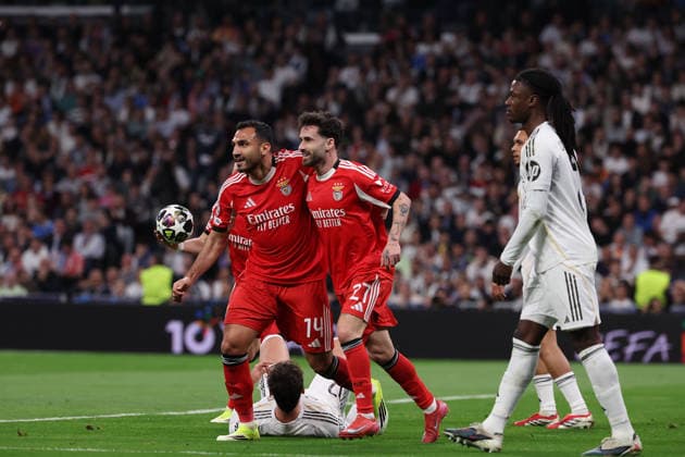 Madrid, Spain February 25, 2026: FBL-UEFA Champions League 2025-26 Real Madrid - SL Benfica Vangelis Pavlidis (S.L.Benfica), Rafa (S.L.Benfica) celebrates after scoring a goal to 0:1 during the UEFA Champions League 2025-26 knockout play-offs match between Real Madrid and SL Benfica at the Santiago BernabÃ u Stadium on February 25, 2026 in Madrid, Spain Copyright: JoaquimxFerreira