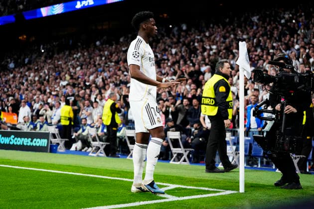 Real Madrid C.F. v SL Benfica - UEFA Champions League 2025 26 League Knockout Play-off Second Leg Aurelien Tchouameni defensive midfield of Real Madrid and France celebrates after scoring his sides first goal during the UEFA Champions League 2025 26 League Knockout Play-off Second Leg match between Real Madrid C.F. and SL Benfica at Estadio Santiago Bernabeu on February 25, 2026 in Madrid, Spain. Madrid Spain  Copyright: xJosexBretonx originalFilename:bretonhernandez-realmadr260225_npewq.jpg