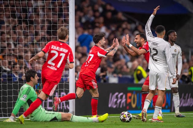 February 25, 2026, Madrid, Guimaraes, Spain: Rafa Silva of SL Benfica is seen celebrating his goal during the UEFA Champions League 2025 26 League Knockout Play-off Second Leg match between Real Madrid C.F. and SL Benfica at Estadio Santiago Bernabeu on February 25, 2026 in Madrid, Spain. Real Madrid C.F. V SL Benfica - UEFA Champions League 2025 26 League Knockout Play-Off Second Leg  - ZUMAl192 20260225_zsp_l192_023 Copyright: xMiguelxLemosx