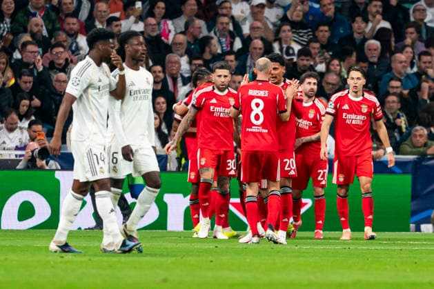 REAL MADRID CF v SL BENFICA. CHAMPIONS LEAGUE 2025 2026. KO PLAY-OFFS 2ND LEG MATCH. SL Benfica s players celebrate goal during Champions League 2025 2026, KO Play-Offs 2nd leg match. February 25, 2026. (ALTERPHOTOS Tomas Garrido) MadridSpain  Copyright: xTomasxGarridox