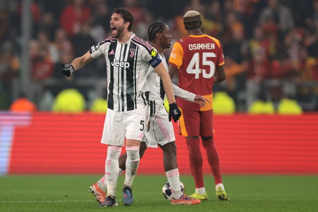 Turin, Italy, 25th February 2026. Manuel Locatelli of Juventus celebrates after scoring to give the hosts a 1-0 lead during the Juventus vs Galatasaray UEFA Champions League Knockout Play Off 2nd Leg match at Allianz Stadium, Turin. Picture credit should read: Jonathan Moscrop Sportimage EDITORIAL USE ONLY. No use with unauthorised audio, video, data, fixture lists, club league logos or live services. Online in-match use limited to 120 images, no video emulation. No use in betting, games or single club league player publications. SPI_009_JUVE_GALATASARAY_UCL_ SPI-4551-0009