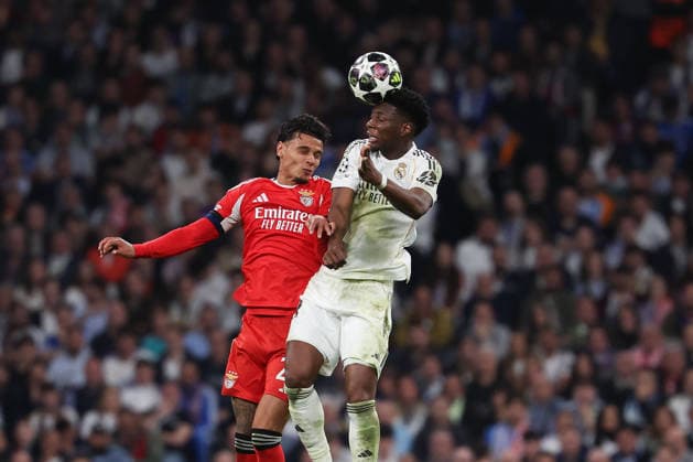 Madrid, Spain February 25, 2026: FBL-UEFA Champions League 2025-26 Real Madrid - SL Benfica Richard Rios (S.L.Benfica), Aurelien Tchouameni (Real Madrid) battles for the Ball during the UEFA Champions League 2025-26 knockout play-offs match between Real Madrid and SL Benfica at the Santiago BernabÃ u Stadium on February 25, 2026 in Madrid, Spain Copyright: JoaquimxFerreira