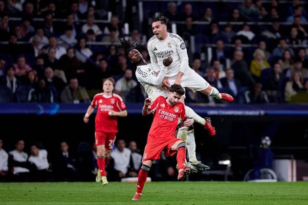 Raul Asencio of Real Madrid CF and Eduardo Camavinga of Real Madrid CF Real Madrid v Benfica, UEFA Champions League, Play-off, Leg 2, Football, Estadio Bernabeu, Madrid, Spain - 25 Feb 2026Madrid Estadio Bernabeu Spain EDITORIAL USE ONLY No use with unauthorised audio, video, data, fixture lists, club league logos or live services. Online in-match use limited to 120 images, no video emulation. No use in betting, games or single club league player publications. Copyright: xRubenxAlbarran Shutterstockx 16703182bx