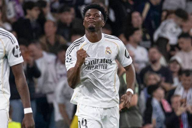 UEFA Champions League soccer match Real Madrid vs Benfica at Santiago Bernabeu stadium in Madrid, Spain. 25 February 2026 Tchouameni celebrates a goal 900 Cordon Press  900 CordonxPress LOF - Champions League Real Madrid vs Benfica
