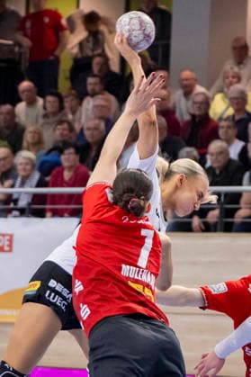 Handball Bundesliga Frauen,HBF, Saison 2025 2026 SV Union Halle-Neustadt vs.BSV Sachsen Zwickau Halle, Deutschland 25.Februar 2026: Im Bild:v. li. im Zweikampf Lynn Molenaar (Halle) und Laura Penzes (Zwickau) Halle Saale SWH Arena Sachsen-Anhalt Deutschland