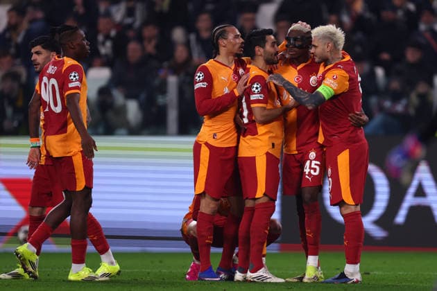 Juventus v Galatasaray A.S. - UEFA Champions League 2025 26 League Play-off second leg Victor Osimhen of Galatasaray SK celebrates with his team mates after scoring a goal during the UEFA Champions League 2025 26 League Knockout Play-off Second Leg match between Juventus Fc and Galatasaray A.S. at Allianz Stadium on February 25, 2026 in Turin, Italy . Torino Allianz Stadium Italy Copyright: xMarcoxCanonierox