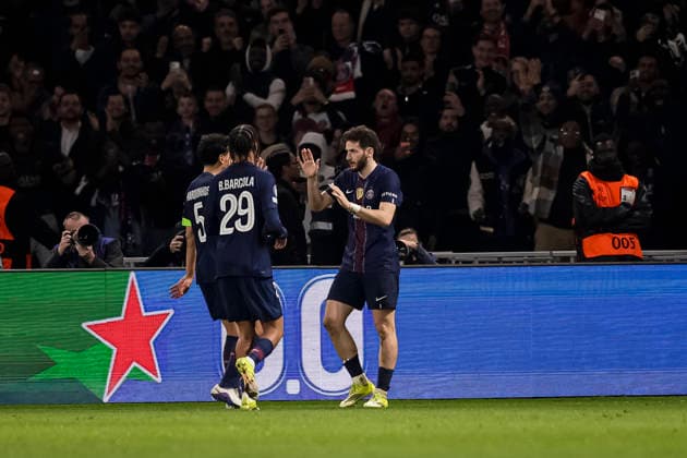 Paris, France - February 25: Khvicha Kvaratskhelia of Paris Saint Germain celebrating his goal with his teammates during the UEFA Champions League 2025 26 League Knockout Play-off Second Leg match between Paris Saint-Germain and AS Monaco at Parc des Princes on February 25, 2026 in Paris, France. (Photo by Antonio Borga Eurasia Images) Paris Parc des Princes France